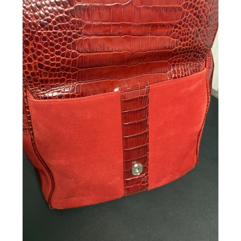 Levenger‎ Suede Leather Shoulder Bag Tote Buckle Red Square Croc Top Zip Purse